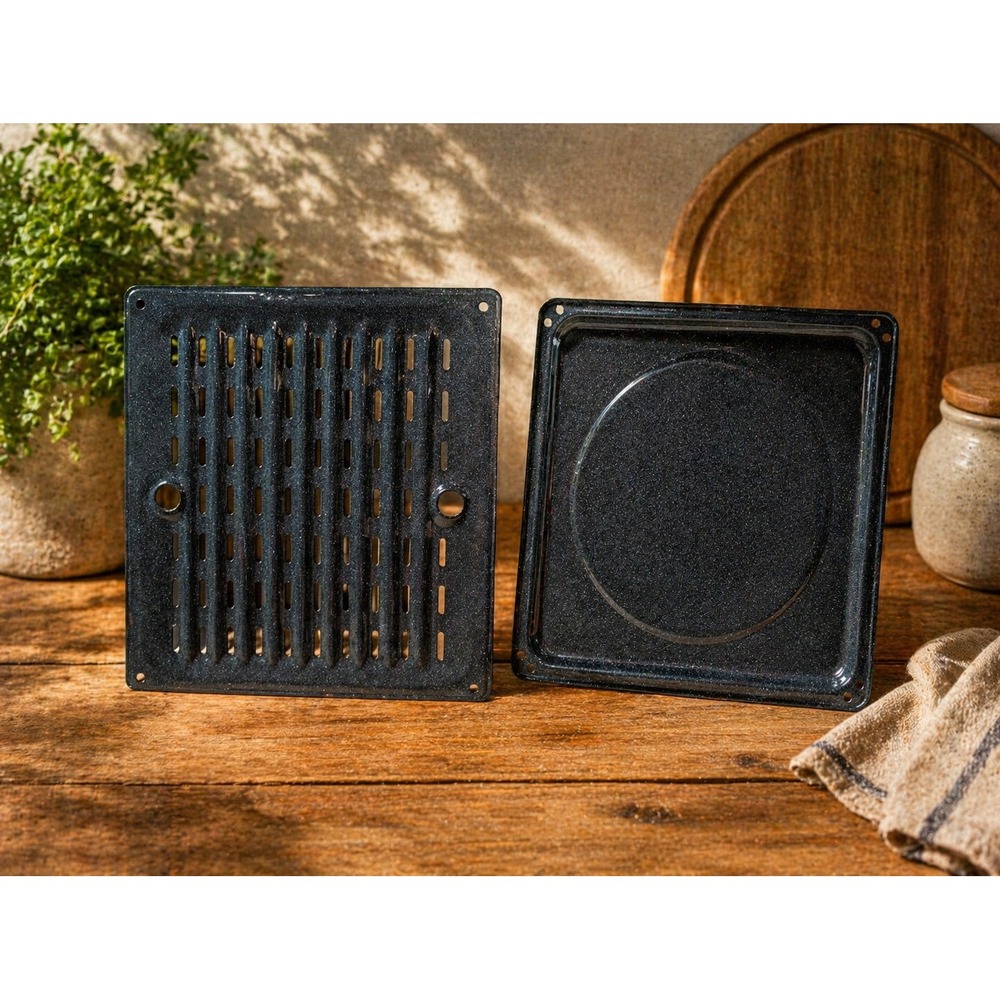 Vintage Black Porcelain Enamel Broiler Pan and Slotted Insert Set 13x13 Inch